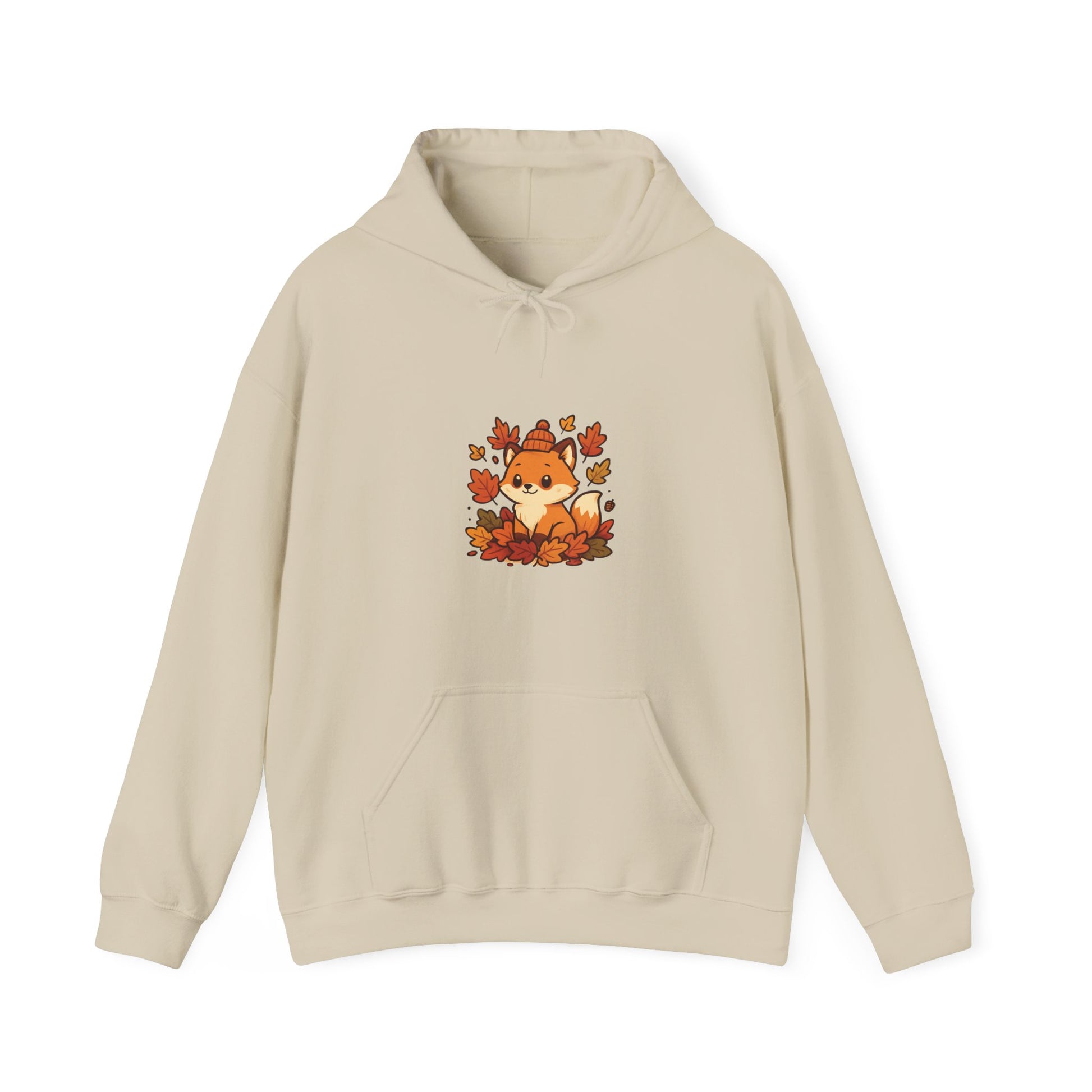 Beige hoodie with a fox and leaf design on a white background